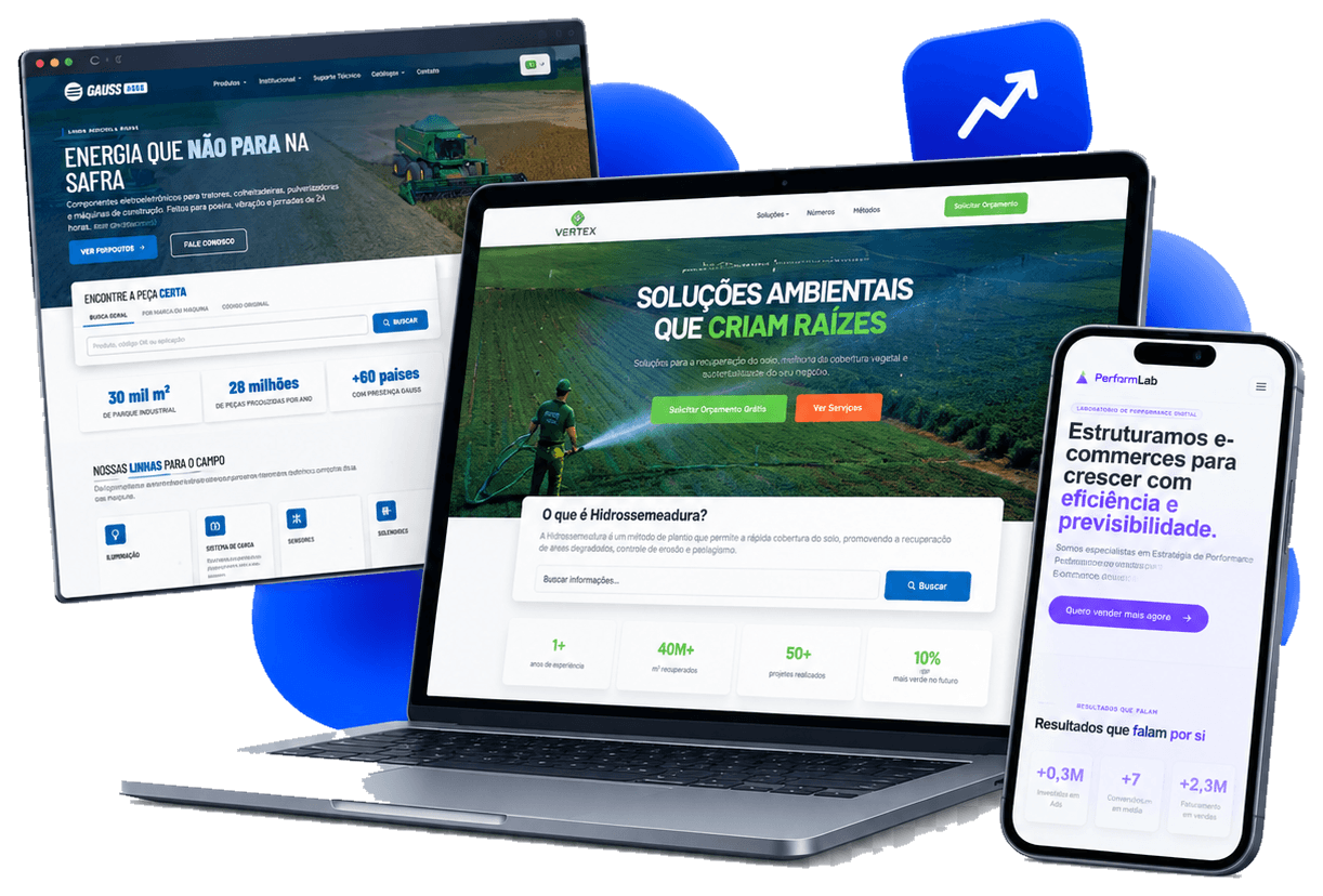 Sites da Gauss Agro, Vertex e PerformLab desenvolvidos pela PerformPages em navegador, notebook e celular